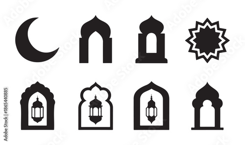 A detailed ramadan crescent moon and star illustration in grayscale silhouette