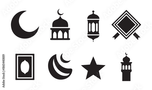 A serene ramadan crescent moon with stars and a mosque silhouette