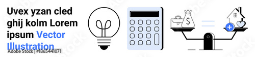 Financial planning, saving money, investment strategies, mortgage loans, business growth, innovation. Light bulb, calculator and balance scale with money and house icons. Financial planning