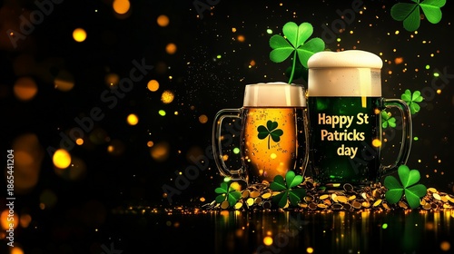 A mug with a green shamrock on it is on a table with another mug