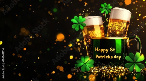 A mug with a green shamrock on it is on a table with another mug