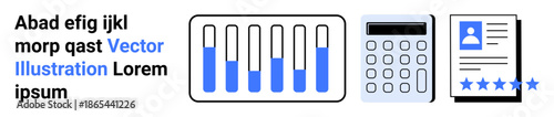 Bar chart with blue data bars, calculator, profile card with photo and rating stars. Ideal for analytics, statistics, finance, performance tracking, team management, evaluation simple landing page