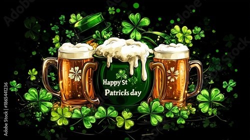 A mug with a green shamrock on it is on a table with another mug