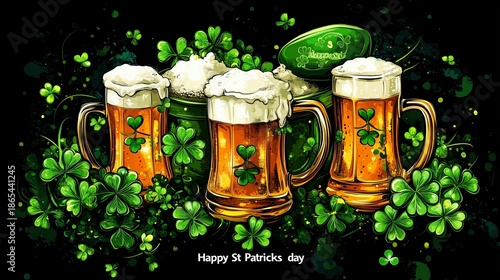 A mug with a green shamrock on it is on a table with another mug