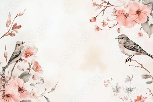 Two birds are perched on a pink flower