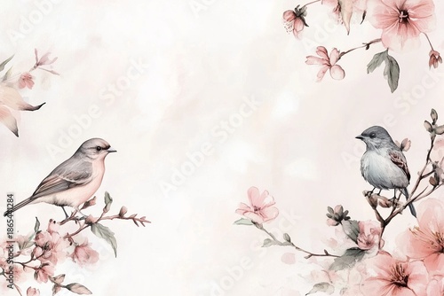Two birds are perched on a pink flower