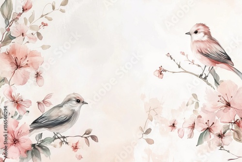 Two birds are perched on a pink flower
