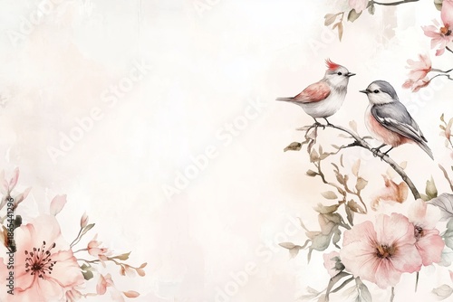 Two birds are perched on a pink flower