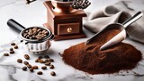 ground coffee and beans with grinder and portafilter on marble surface