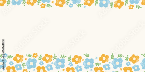 Floral Seamless Border. Crayon Blooming Frame with Yellow Blue Flower Background. Primitive Textured Hand-drawn Doodles. Vector horizontal illustration. Not AI
