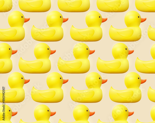 Seamless pattern with yellow rubber ducks. Realistic 3d Rubber yellow duck isolated on white background. Vector illustration bright conceptual banner design.