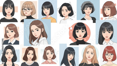 Diverse Collection of Stylish Womens Portraits with Varied Hairstyles.