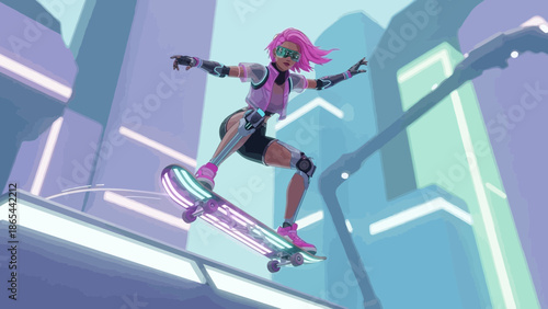 Skateboarding in a futuristic city with pinkhaired skater girl.