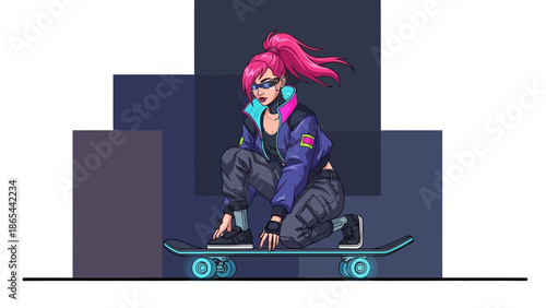 Stylish Skateboarder with Pink Hair and Futuristic Outfit.