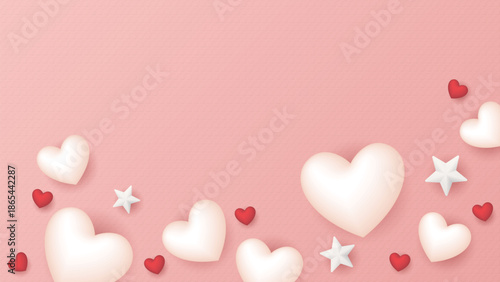 Pink bond paper rough texture background with many heart balloons and stars floated blank space.