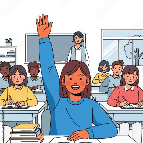 A student raises her hand in a brightly colored classroom. Teacher and classmates are present