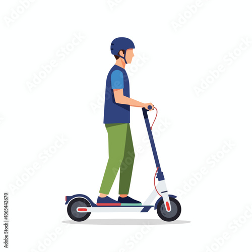 A person in a helmet riding an electric scooter in profile view