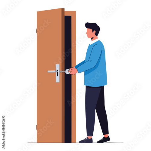 A person unlocks a door with a key. Door is partially open