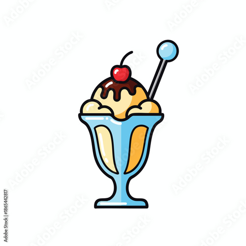 A cartoon ice cream sundae in a blue and gold glass with cherry and a spoon