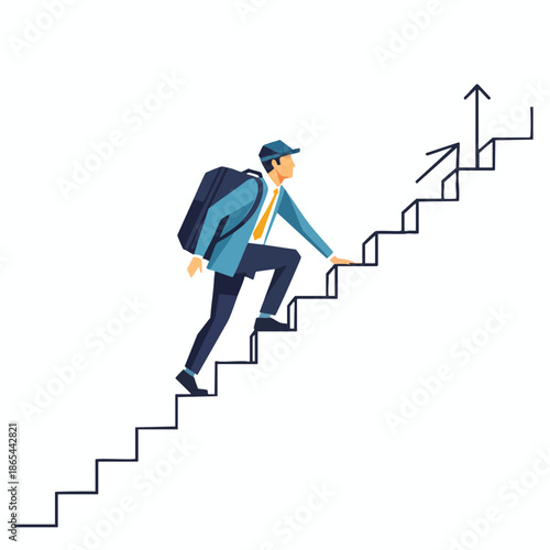 Man in suit climbs stairs with arrow at top. Backpack on, hat, tie, and blue suit