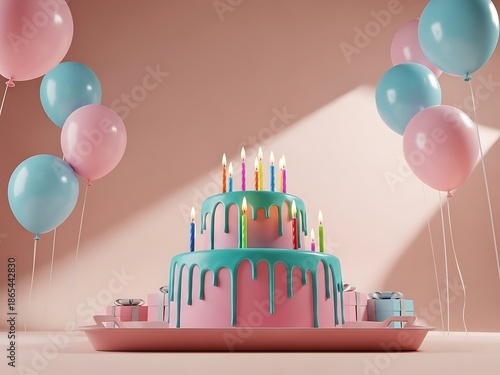 Two Tier Birthday Cake with Teal Drips and Many Candles. Generative Ai