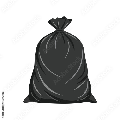 A dark, full garbage bag with a tied top, set against a blank white backdrop