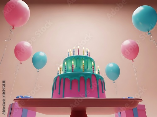 Two Tier Birthday Cake with Teal Drips and Many Candles. Generative Ai