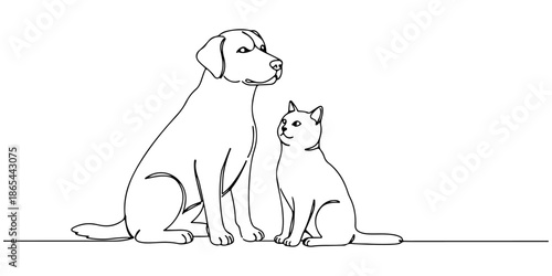 Continuous one line of a dog and a cat sitting side by side, symbolizing friendship and peace, drawn vector illustration.
