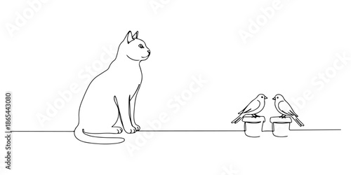 Continuous one line of a cat sitting watching birds, symbolizing curiosity and peace, drawn vector illustration.