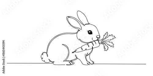 Continuous one line of a rabbit chewing a carrot, symbolizing innocence and care, drawn vector illustration.