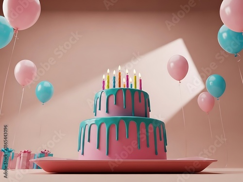 Two Tier Birthday Cake with Teal Drips and Many Candles. Generative Ai