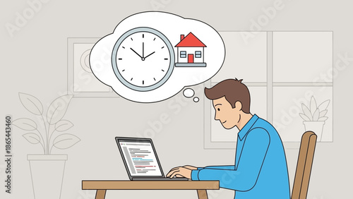 Man working on laptop dreaming of home and clock.