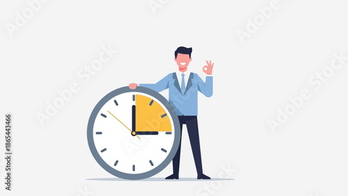 Man showing okay sign next to clock symbolizing time management.