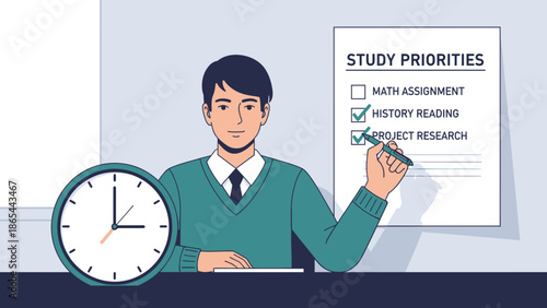 Man prioritizing study tasks with a checklist and clock focusing on time management.