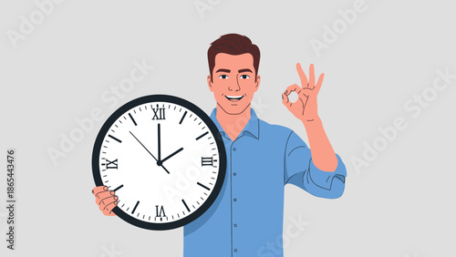 Man Holding Clock Showing Two OClock and Making Okay Sign.