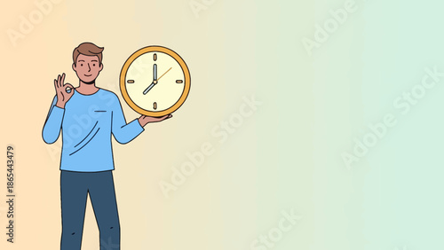 Man holding clock showing time gesturing OK sign.