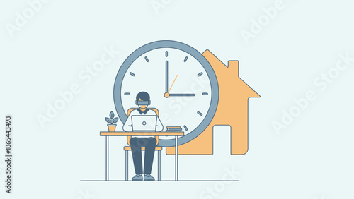 Person working remotely at home with clock and house icon.