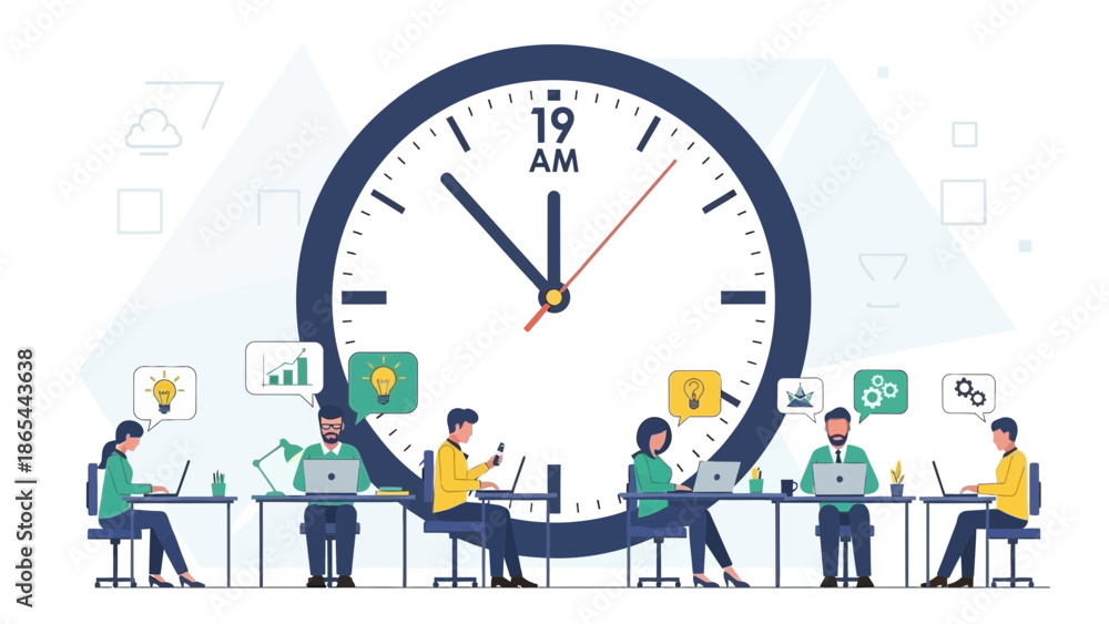 Fototapeta premium Teamwork at 19 AM Collaborative Work Session with Clock.