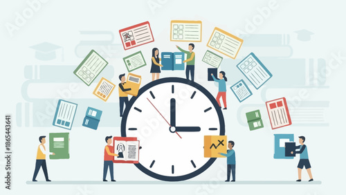 Teamwork and Time Management People Working Around a Clock.