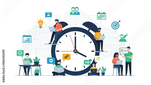 Time Management and Productivity Illustration with People Working Around a Clock.
