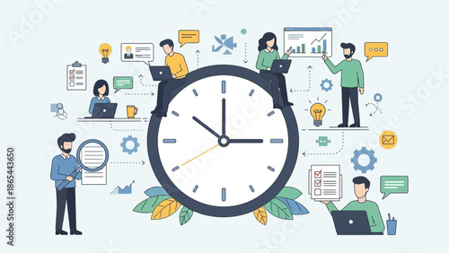 Time Management and Productivity People Working Around a Clock 1.