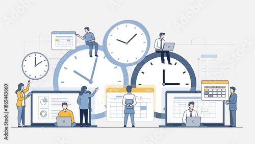 Time Management and Productivity People Working with Clocks and Calendars.