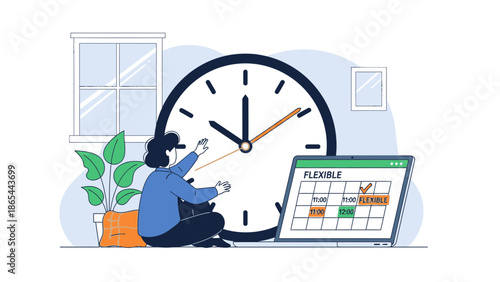 Woman managing time with clock and calendar for flexible schedule.
