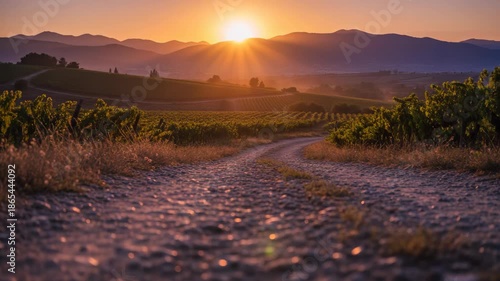 Golden sunset over a winding dirt road through lush vineyards. Majestic mountains frame the horizon with warm, radiant light. Idyllic rural landscape perfect for travel and nature themes