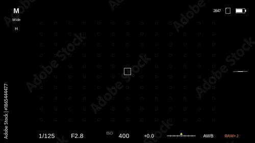 Mirrorless camera EVF electronic viewfinder HUD overlay focus points exposure meter 4K seamless loop photography realistic display