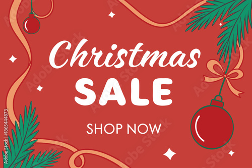 Christmas sale promotion banner with red background festive ornaments pine branches and elegant lettering