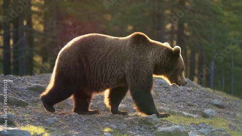 Grizzly bear walking through forest at golden hour