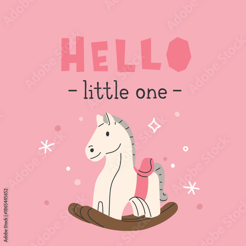 A pink vector background with the word hello little one on it and wooden rocking horse 