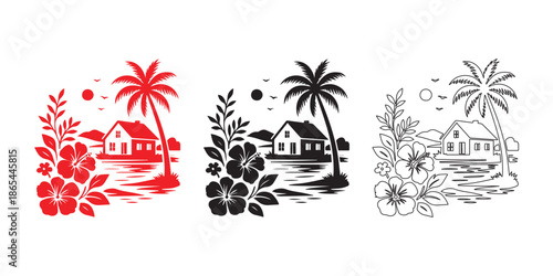 Tropical Beach House Silhouette with Palm Trees and Flowers Vector Design
