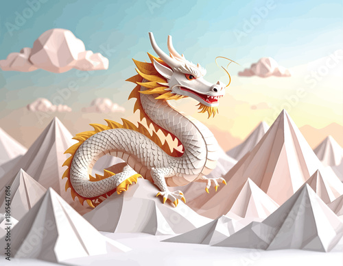 Majestic White and Gold Dragon Soaring.